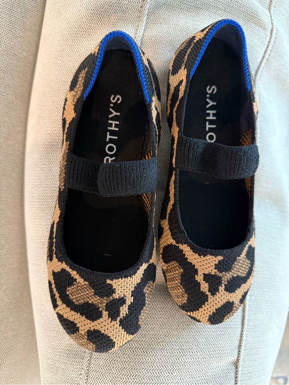 Rothy's Kids Leopard Mary Jane Flats in Black and Tan with Blue Trim